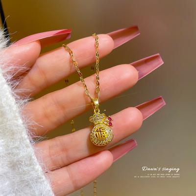 Copper Micro-inlaid Zircon Elegant National Wind Blessing Bag Gourd Pendant Necklace Temperament Light Luxury Niche Design Sense High-grade Pendant