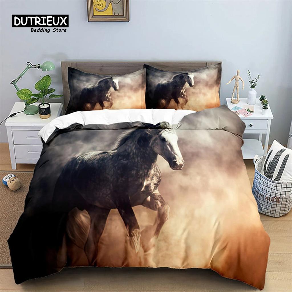 Horse Comforter Cover Set For Kids Toddler Farm Animal Pattern Bedding Set Boys Girls 3 Piece Farmhouse Cowboy Duvet Cover Set
