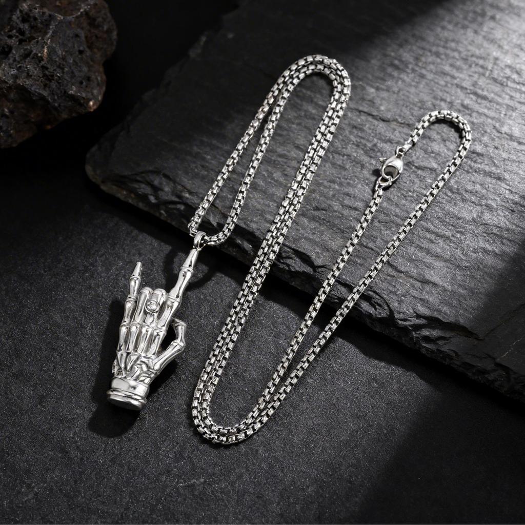 Vnox Bone Rock Hand Gesture Pendant Necklaces, Gothic Punk Music Jewelry, Men's Silver Color Stainless Steel Box Chain Necklace