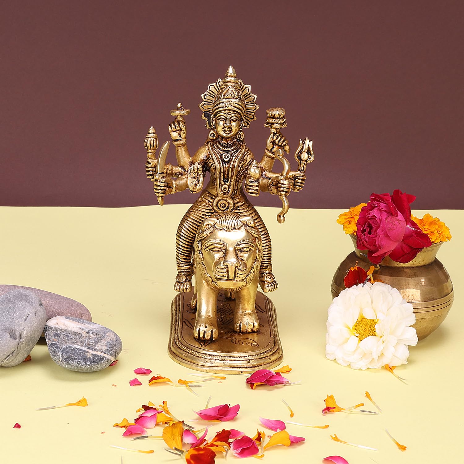 

Shree Harsiddhi Mata Amba Durga Statue With Lion Mount, Gold, Brass, Religious