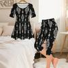 Women Plus Size Blue Black Printed Round Neck Short Sleeve Flared Top Capri Pants Two Piece Set