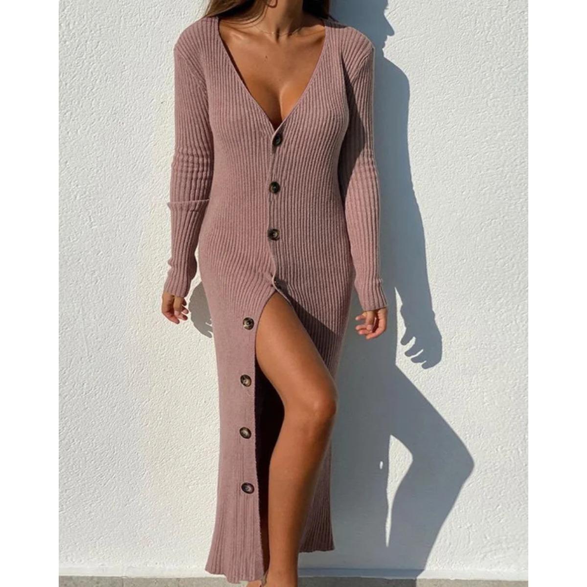 

LYRIA Plus Size Women s Casual Knit Threaded Button Long Sleeve Cardigan Dresses L