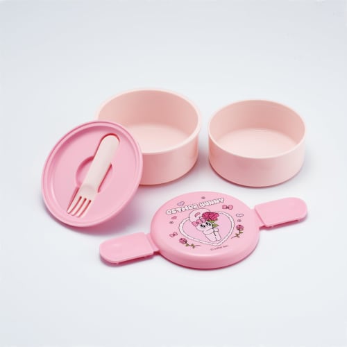 Skater Round Bento Box, 500ml Capacity, Two Tiers, with Fork, Made in Japan, Esther Bunny, ONWR1-A