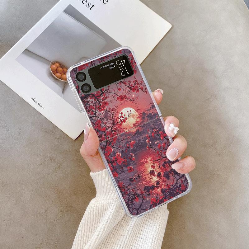 Moon Cherry Blossom Pattern Scenery Clear Phone Case for Samsung Galaxy Z Flip 7 Flip 6 5 4 3 5G Folding Cover for Z Flip7 Flip5