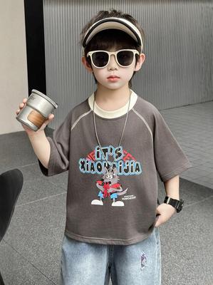 Boys' Cotton Raglan T-Shirt: 2026 Cartoon Wolf Print, Short Sleeve, Color Block for Toddlers & Kids