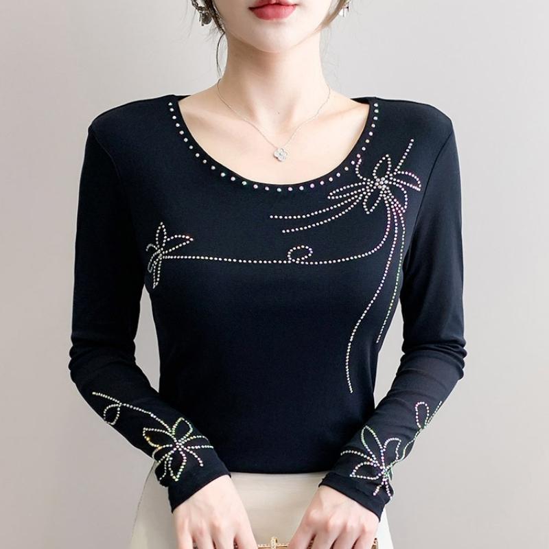 Spring Autumn Women's Hotfix Rhinestone T-Shirt Elegant O-neck Full Sleeve Tees Slim Ladies Tops