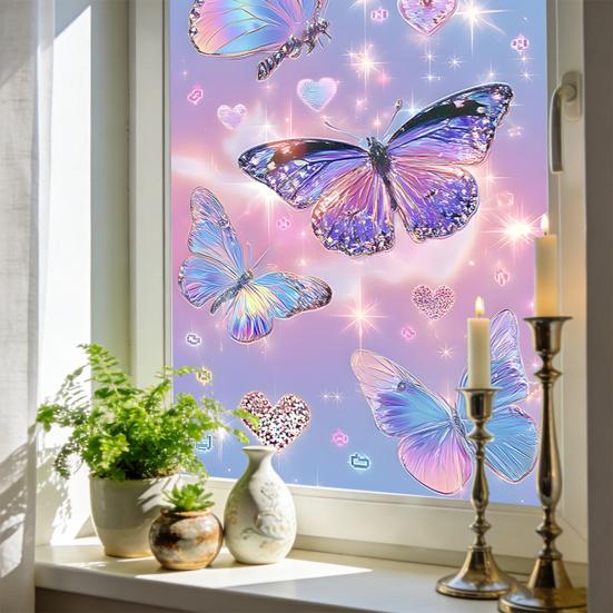 Window Privacy Film Stained Glass Flower Butterfly Decorative Window Sticker Heat Control Non-Adhesive Static Glass Cling for Home Bathroom Kitchen