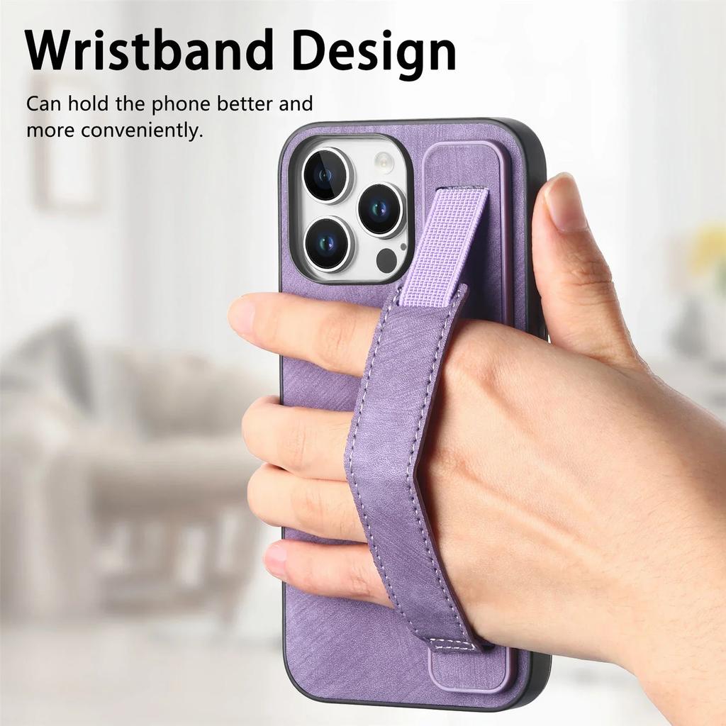 Kickstand Wrist Strap Leather Phone Case for iPhone 16 15 Pro Max Plus SE 2025 Shockproof Protective Cover