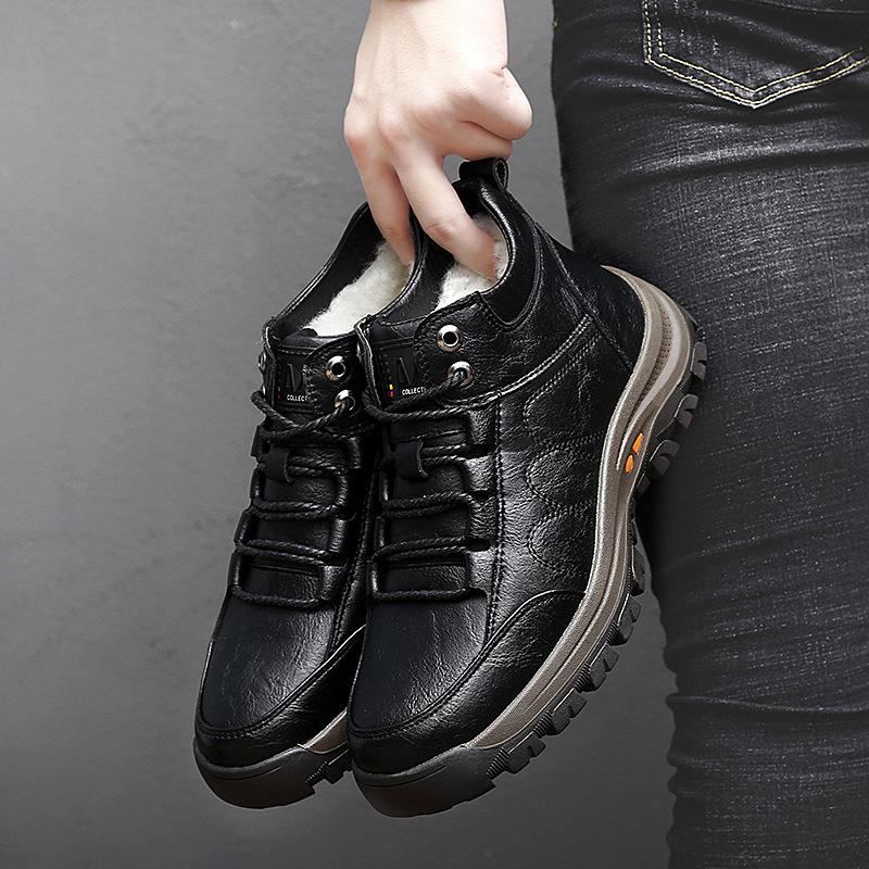 

Fur integrated real wool outdoor hiking shoes tooling casual high-top cotton shoes men s Martin boots velvet leather boots winter 38 чёрный