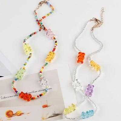 Colar Feminino Diário Corrente Urso Fofo Miçangas de Gelatina