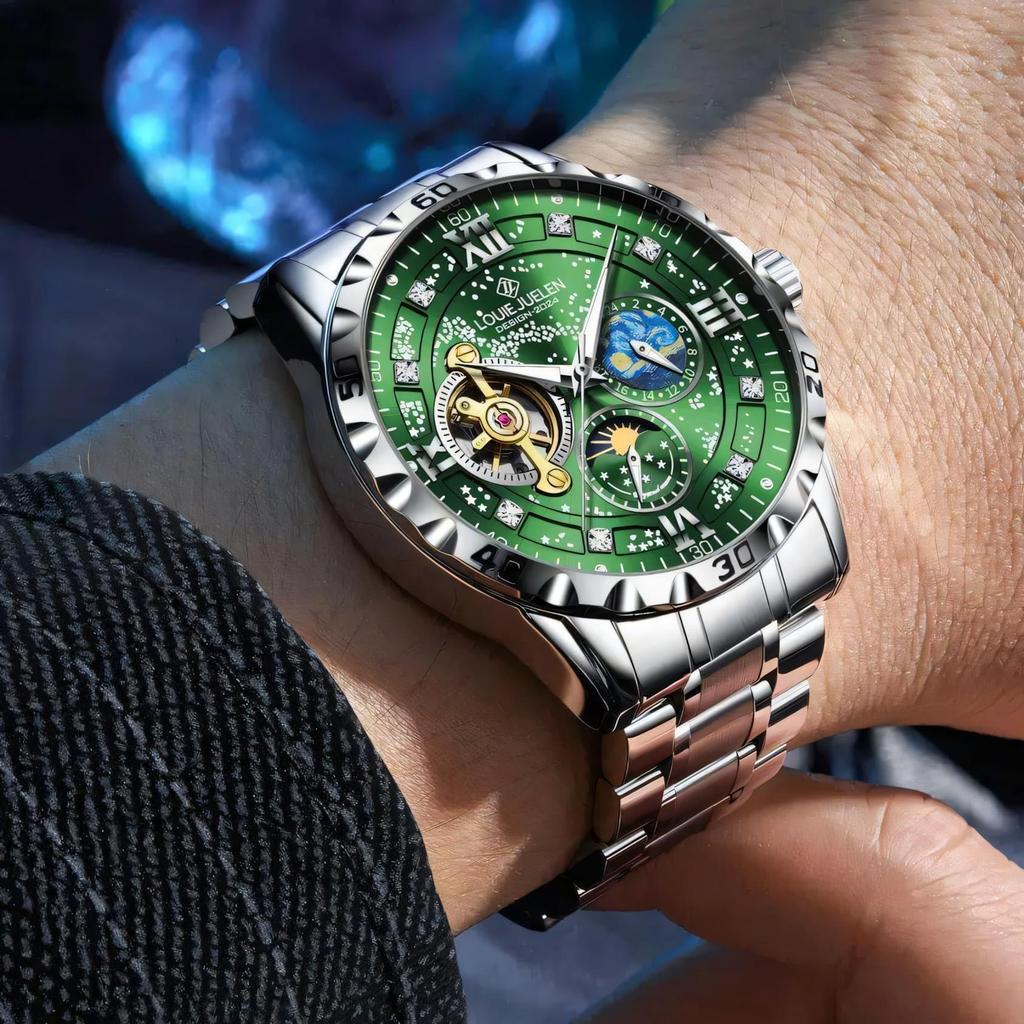 Luxury Automatic Mechanical Men Watch Fashion Moon Phase Business Watches Hollow Tourbillon Stainless Steel Men Wristwatch