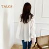 Women Shirt Round Neck Lantern Long Sleeve Pullover Tops Solid Color Loose Fit Ruffle Trim Pleated Blouse Daily Wear
