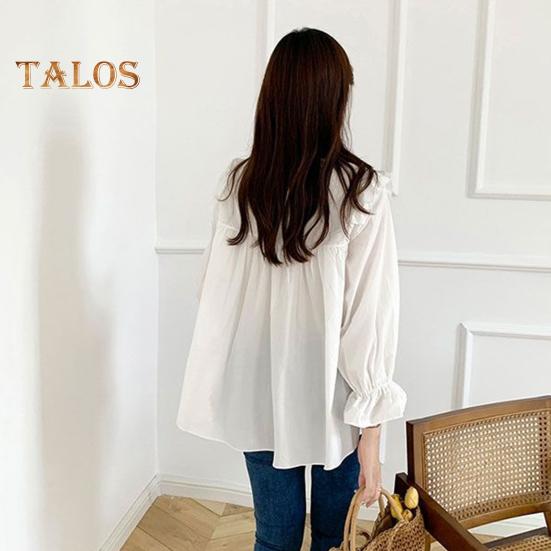 Women Shirt Round Neck Lantern Long Sleeve Pullover Tops Solid Color Loose Fit Ruffle Trim Pleated Blouse Daily Wear