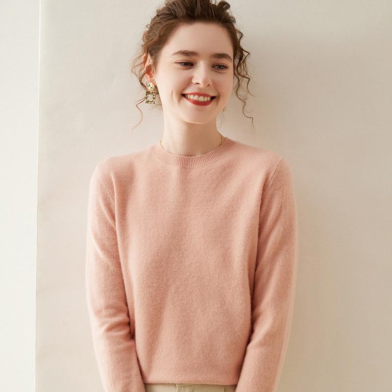Women's Round Neck Breathable Cashmere Sweater - Solid Color, Long Sleeve Knit Pullover for Winter