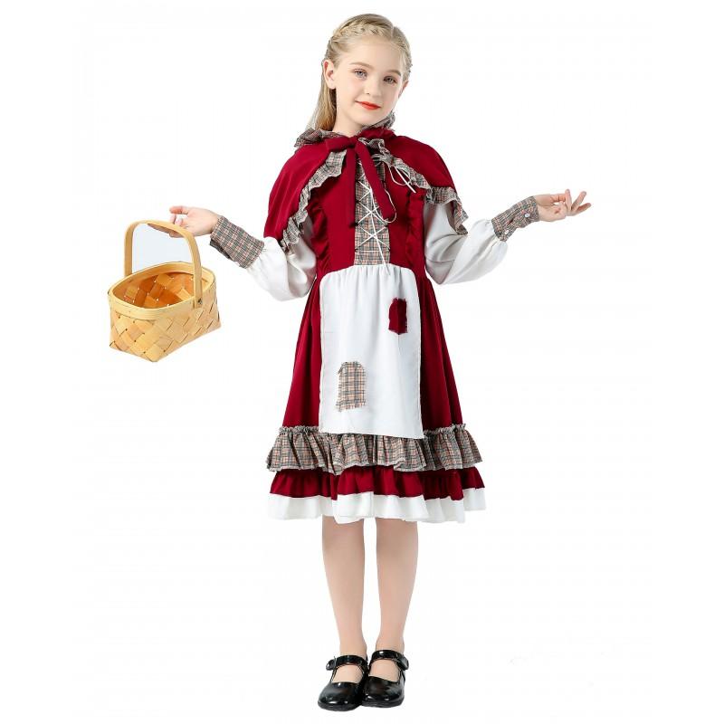 Girls Halloween Costume Dress Cosplay Little Red Riding Hood Princess Outfit Sweet Style Stage Performance
