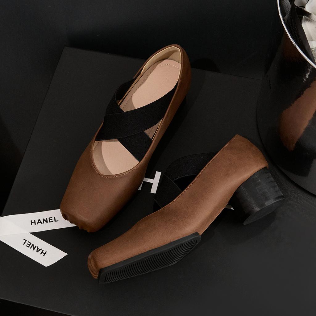 Leather Single Shoes Women's Ballet Mary Jane Shoes Versatile Thick Heel Women's Shoes Retro Shallow Mouth Ballet Shoes Autumn