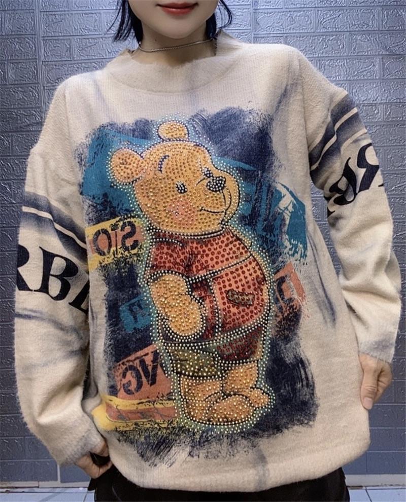 Korean Designer Heavy Duty Hooded Long Sleeve Sweater for Women - Autumn Knitwear Slimming Top with Print