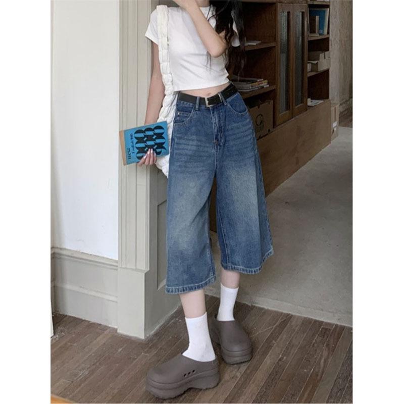 Plus Size Retro Wide-Leg Denim Capris for Pear-Shaped Women: Loose Fit Summer Pants 2XL