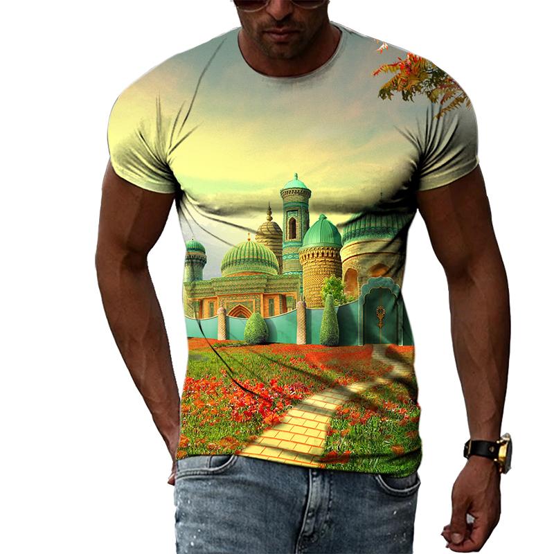 Summer Boys Cartoon Landscape Hand Painted Graphic T Shirts Men Casual 3D Taste Kawaii Printed Round Neck Short Sleeve Tees Tops