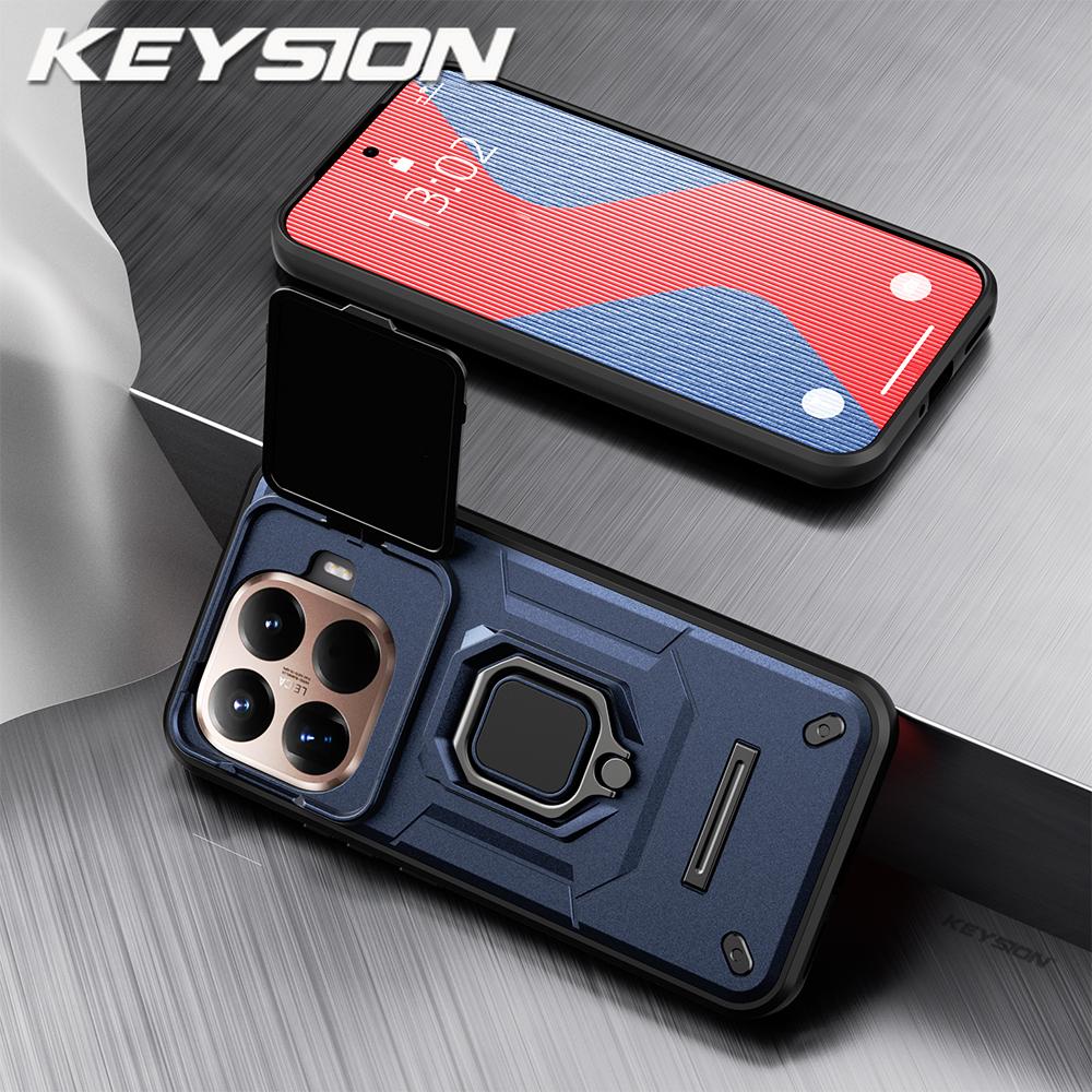 KEYSION Shockproof Armor Case for Xiaomi 15T Pro 5G Slide Camera Protection Metal Ring Stand Phone Back Cover for Xiaomi 15T 5G