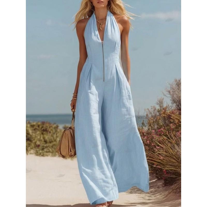 Womens Sleeveless V-Neck Zipper Front Jumpsuit With Halter Neckline Wide Leg Long Romper Casual Office Wear
