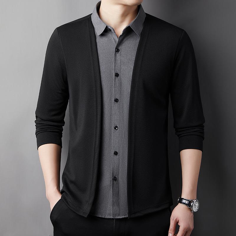 Spring Men's Two-in-One Shirt Sweater Cardigan Knitted Pullover
