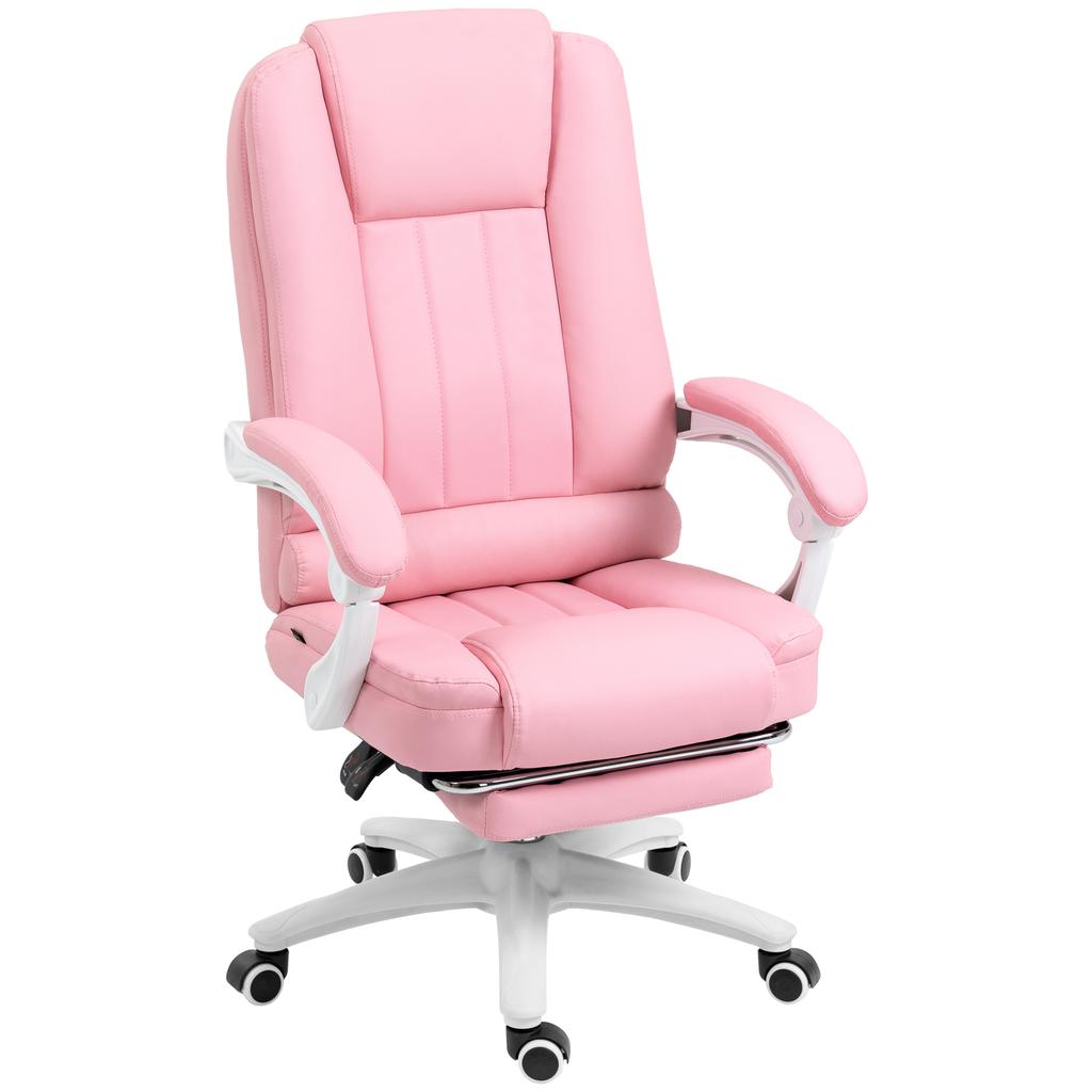 Office Chair with Footrest, Adjustable Backrest, Height-Adjustable, 5 Casters, Pink + White