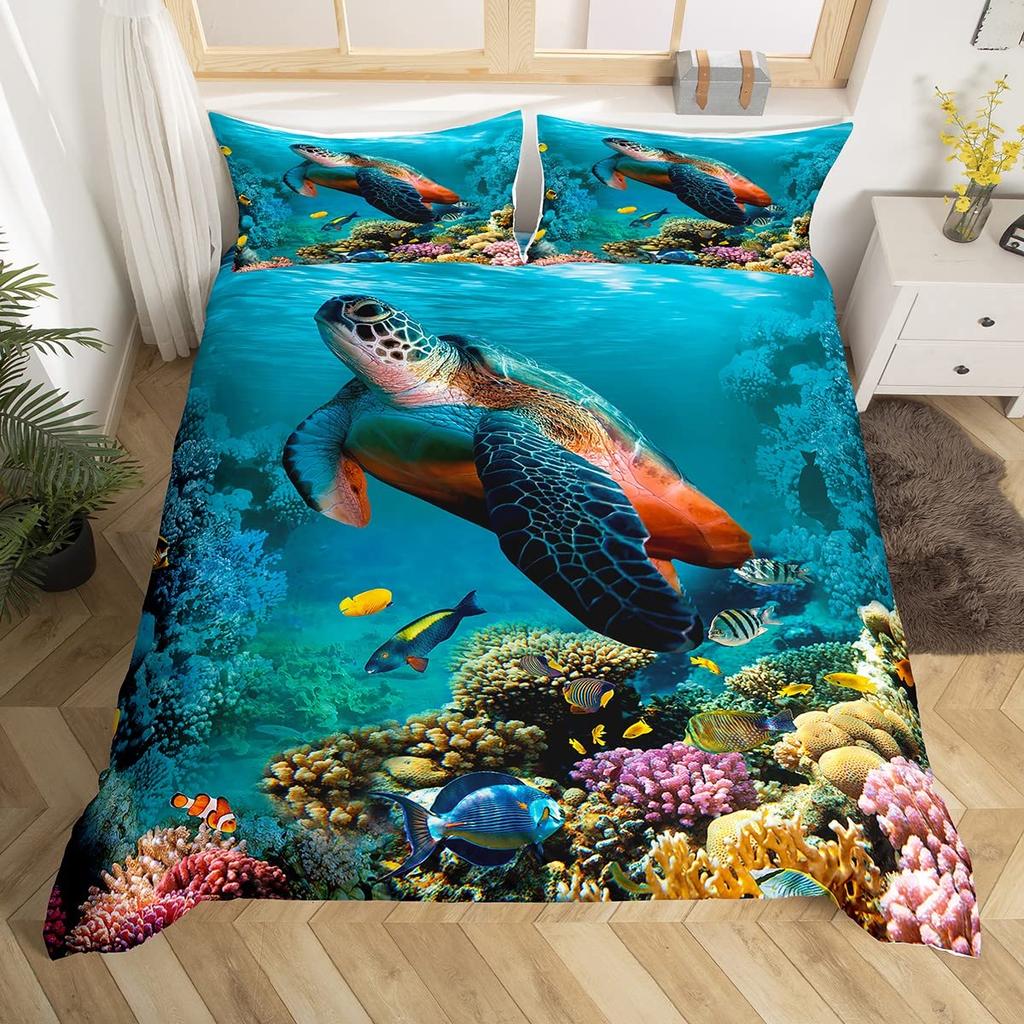 Sea Turtle Duvet Cover Set King Size Watercolor Tortoise Butterfly Comforter Cover for Boys Girly Dreaming Style Bedding Set