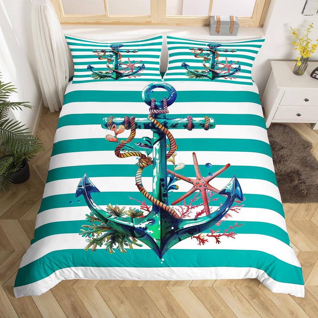 Anchor Duvet Cover Set Nautical Theme Queen King Bedding Set Boys Girls Teens Sea World Ocean Comforter Cover Set Bedroom Decor