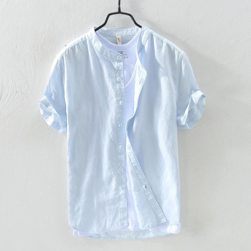 Men's White Stand Collar Short Sleeve Button-Down Shirt