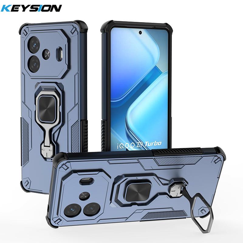 KEYSION Shockproof Armor Case for IQOO Z9 Turbo Soft Silicone+PC Upright Metal Ring Stand Phone Cover for IQOO Z9 Turbo+ Z9 5G