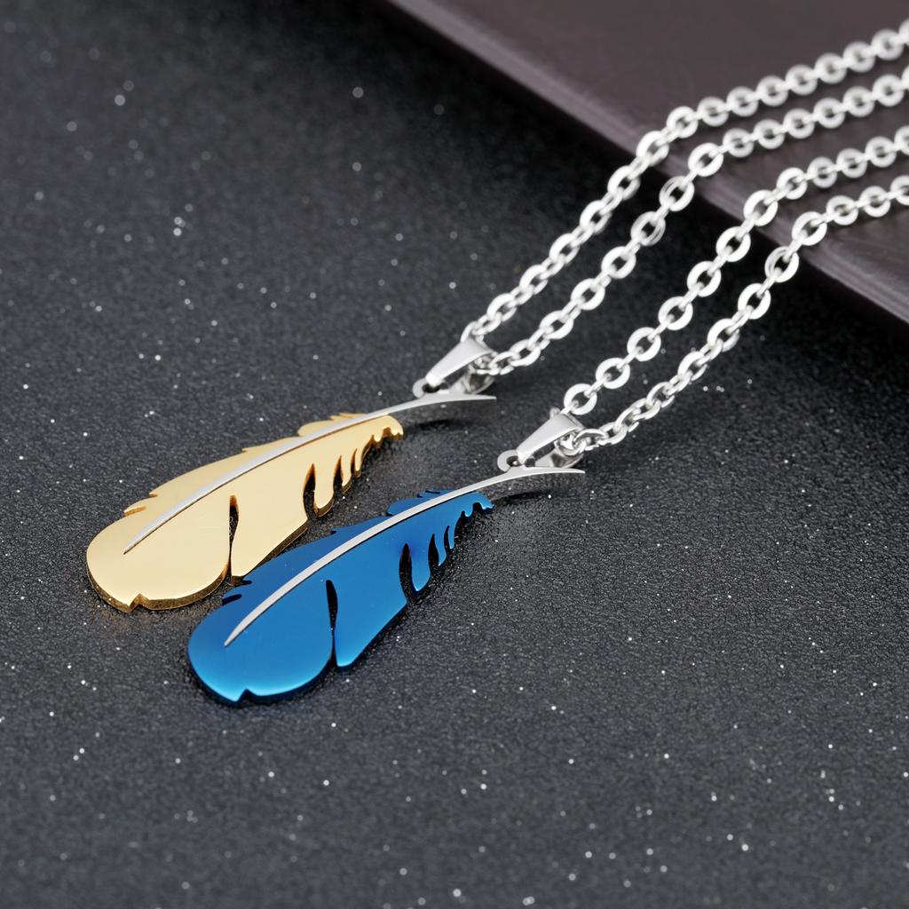 SCIONE Classic Titanium Steel Necklace Feather Pendant Pure Steel with Chain Couple Necklace