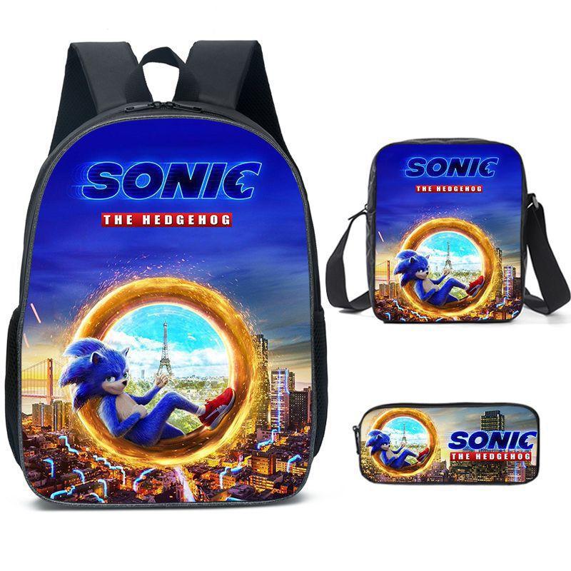 Sonic Primary School Student Schoolbag Three-Piece Set, Animation Cartoon Backpack, Shoulder Bag Pencil Case