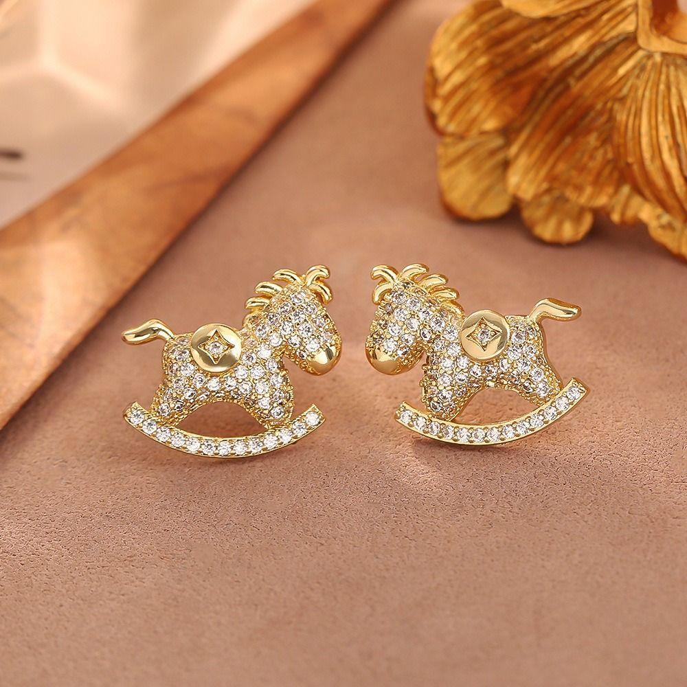 Chinese Style Crystal Zodiac Pony Earrings Light Luxury New Year Ear Studs  Lady