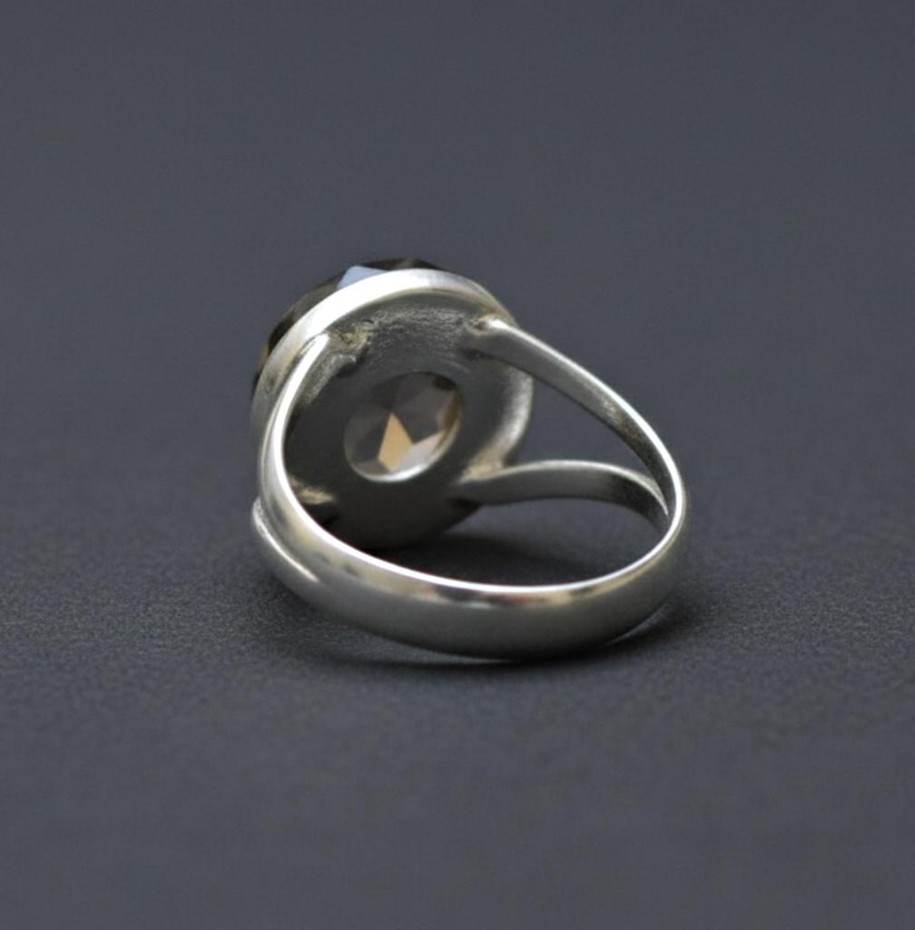 Smoky Quartz Round Statement Ring, 925 Sterling Silver Jewelry, Minimalist Boho Gemstone Ring for Women