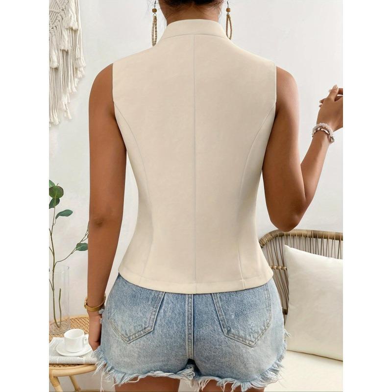 Women V Neck Sleeveless Blazer Vest with Padded Bust Single Breasted Slim Fit Casual Office Waistcoat