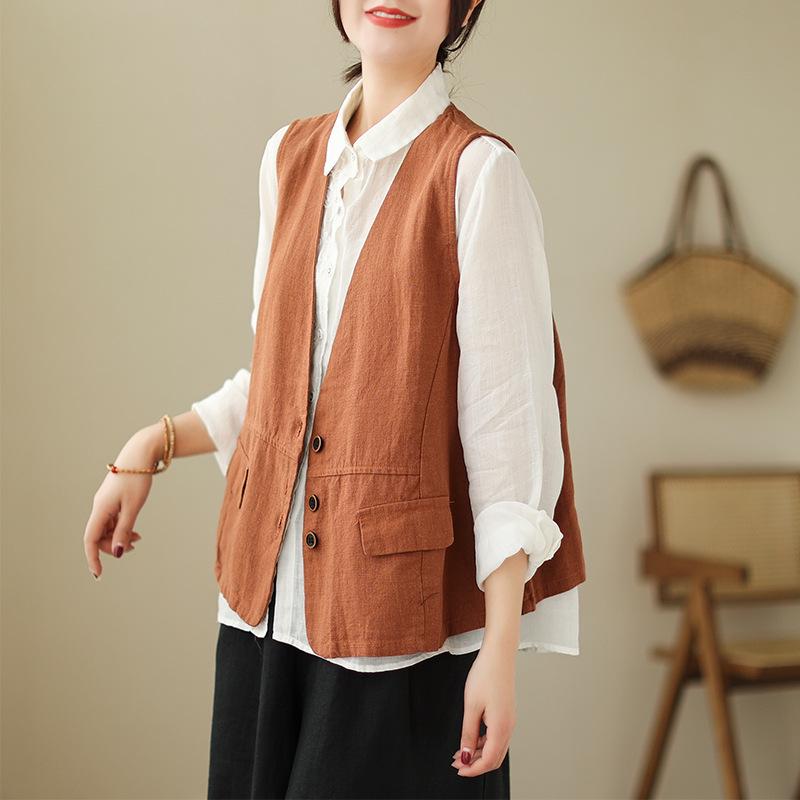 Women's 2026 Spring Retro Distressed V-Neck Button Vest, Short Artistic Cotton Linen Waistcoat, Solid Color Outerwear.