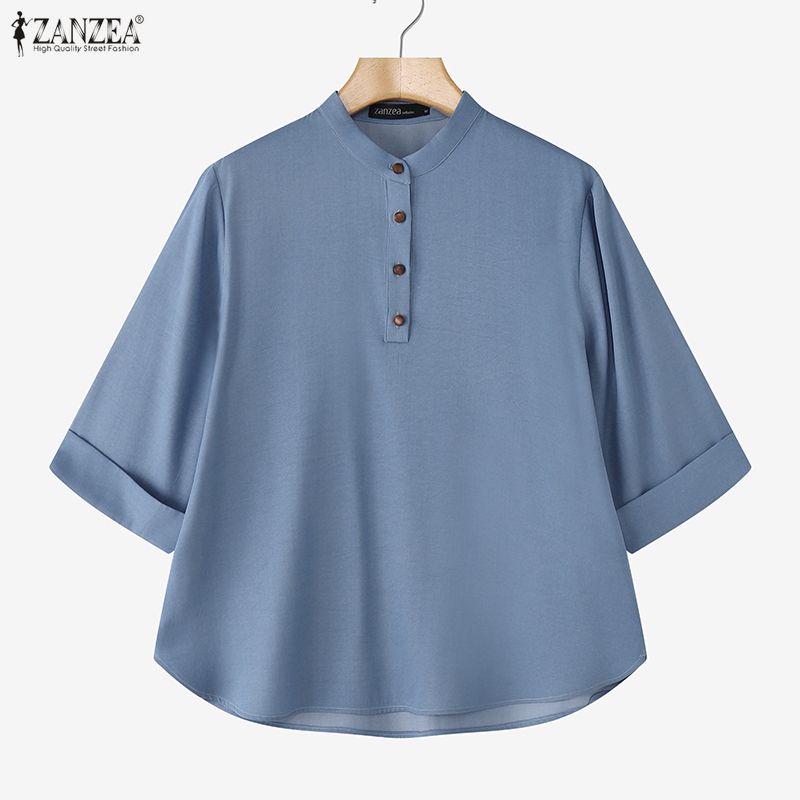 ZANZEA Women Casual Round Neck 3/4 Sleeve Loose Solid Blouse