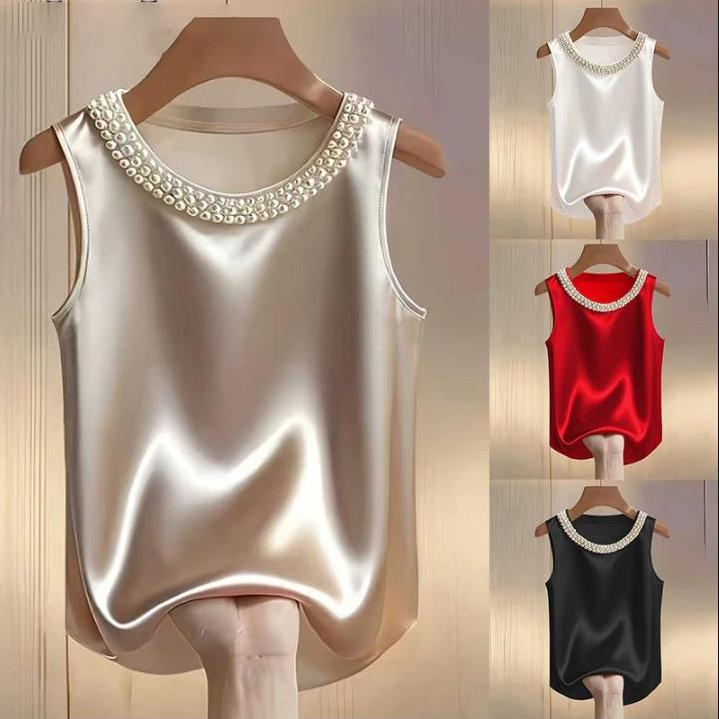 Elegante Camicia in Raso Donna Estate Design con Perline Blusa di Seta Donna T-shirt Canotta Larga Donna Canottiere T-shirt da Donna