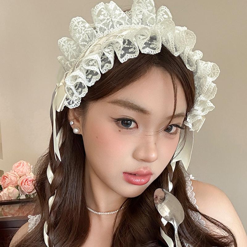 Lolita Cosplay Cat Ears Headband Lace Bow Headwear Sweet Lace Bow Ribbon Headdress For Women Hairpin Vintage Hair Accessories