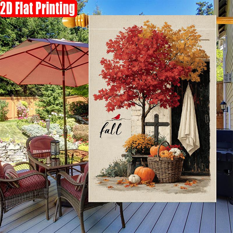 2D Flat - 2D Flat-L3-1pc Autumn Christ Cross Pumpkin Sparrow Maple Leaf Print Courtyard Flag - Double-Sided Garden Flag, Yard Decoration, Outdoor Deco