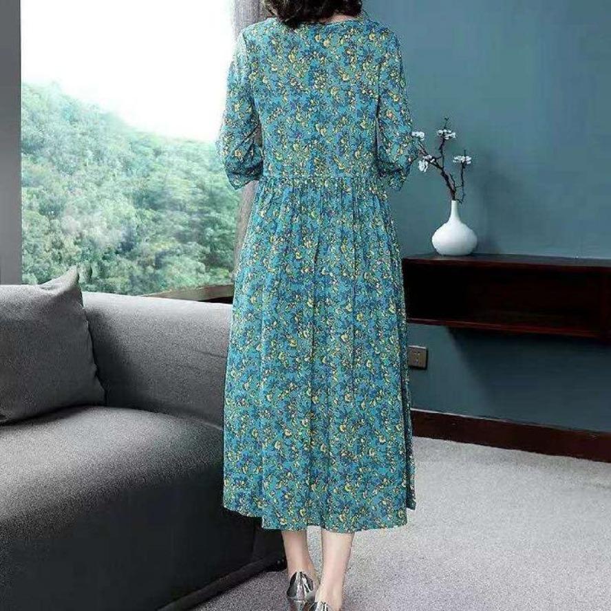 Women's Fashion Loose Spring Summer Flower Pattern Print Half Sleeves Waistline O-Neck Casual Dresses Skirt