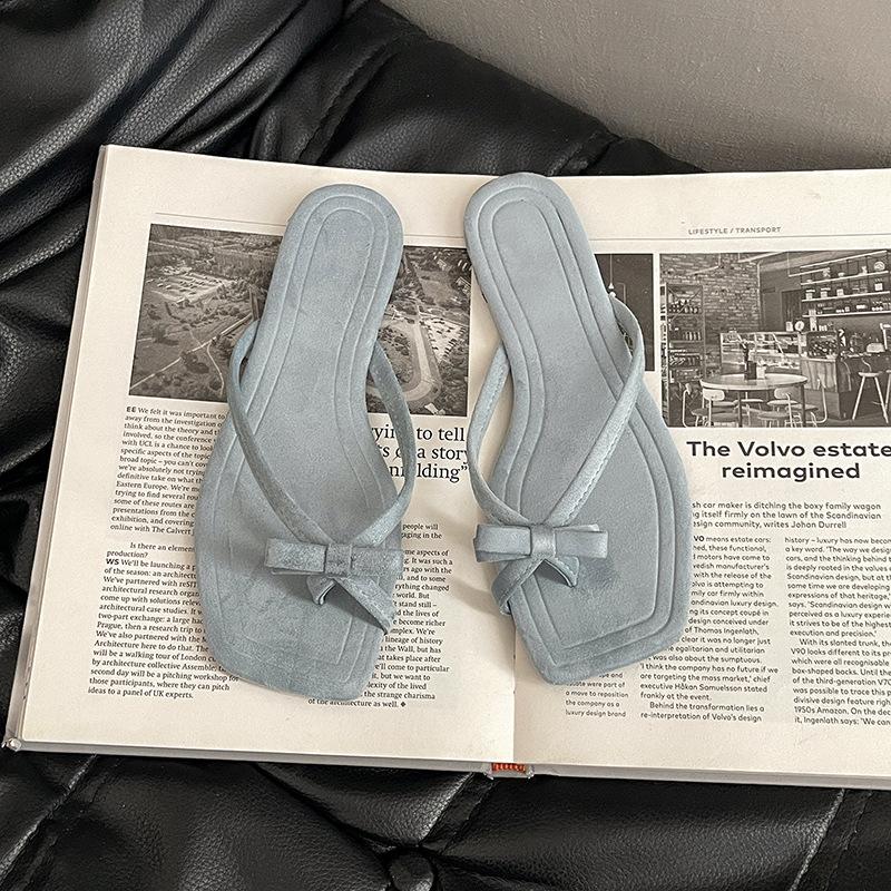 French thick heel sandals new bow cover toe cool slippers summer fairy wind vacation stepping on shit flip-flops sandals