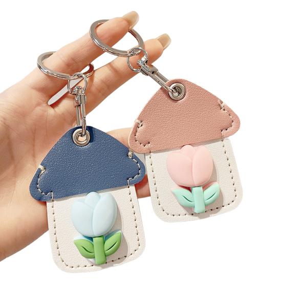 2Pcs Elegant Tulip Key Holder Faux Leather House Shape Keychain