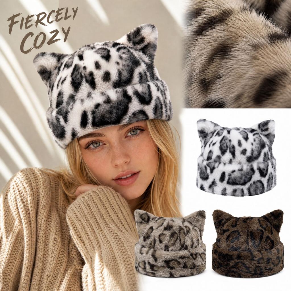 Women's Ear Hat Warm Leopard Print Versatile Pull- for Winter