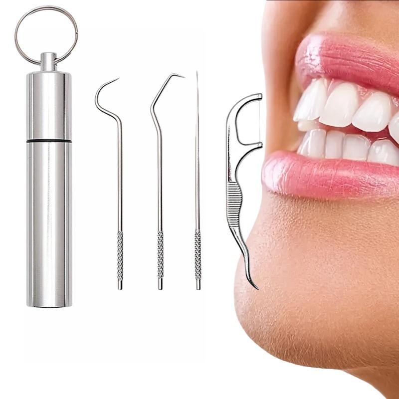 4Pcs Stainless Steel Toothpick Dental Floss Tartar Remover Reusable Oral Hygiene Kit Portable Teeth Cleaning Tools