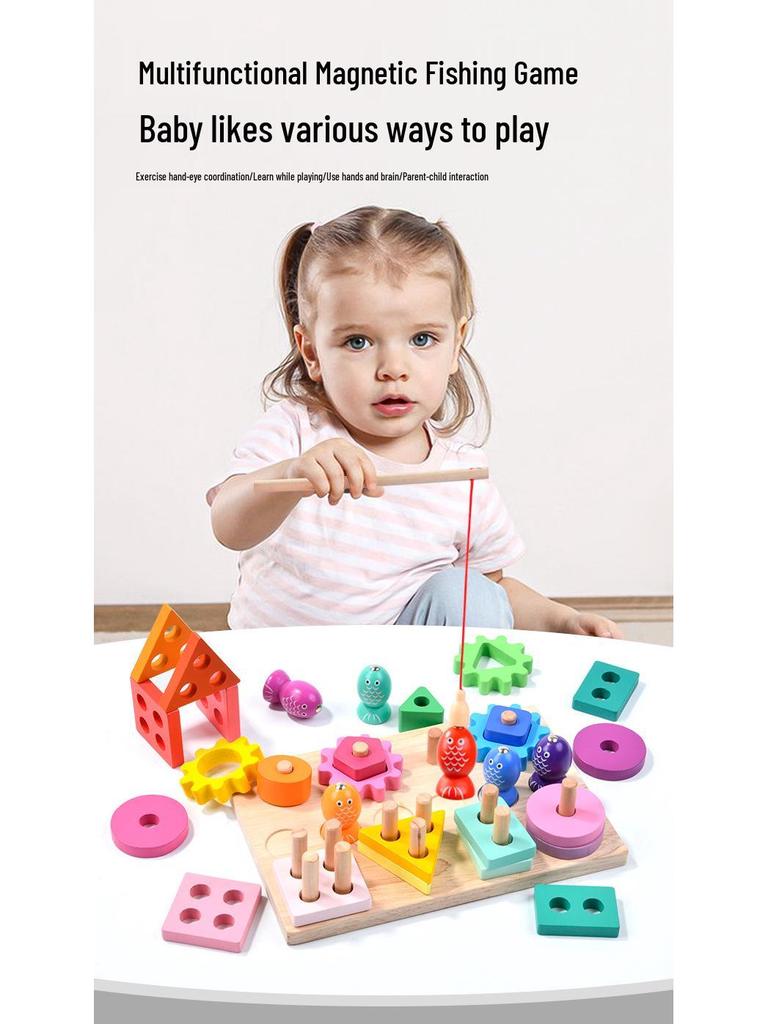 Wooden Geometric Shape Matching Board: Educational Toy for Toddlers with Magnetic Fishing, Stacking Rings, and Gears