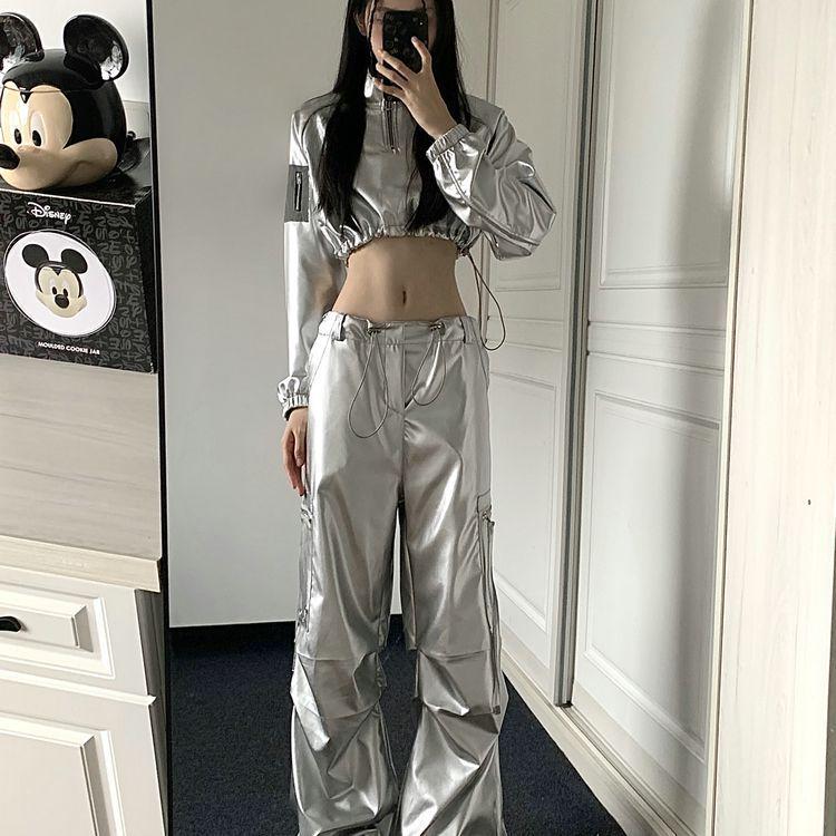 Kryddig Tjej Cyberpunk Silver Långärmad Cropped Huvtröja Dansset
