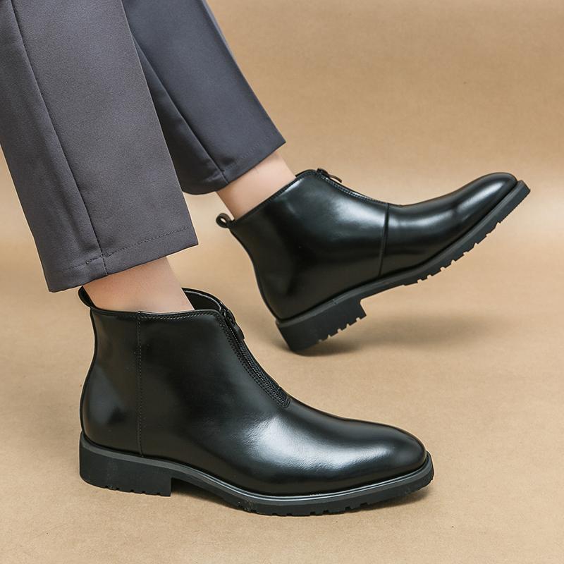 Fashion Brown Chelsea Boots Men Business Black Round Toe Zipper Slip-On Solid Men's Formal Boots  Size 38-46