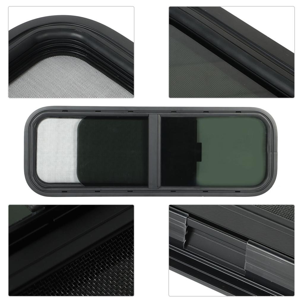 900x300mm Round Angle Sliding RV Window Black Tempered Glass Shade Window for Camper Trailer